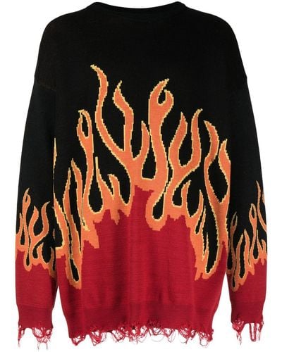 Haculla Distressed Intarsia-knit Flame Sweater - Red