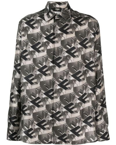 Fendi Monogram-Print Silk Shirt - Grey
