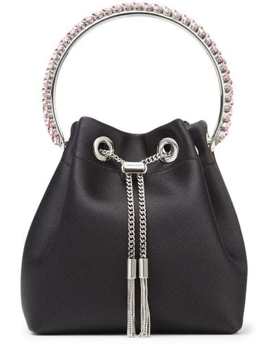 Jimmy Choo 'bon Bon' Mini Black Handbag With Metal Crystal Bracelet Handle In Satin Fabbric Woman