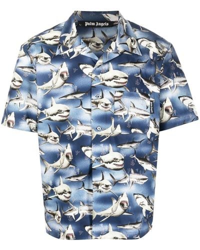 Palm Angels Bowlinghemd mit Hai-Print - Blau