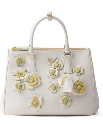 Prada Large Galleria Floral Appliqué Bag - White