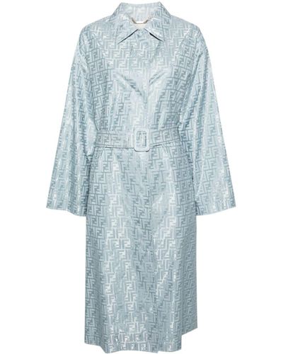 Fendi Ff-jacquard Belted Midi Coat - Blue