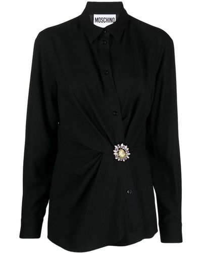 Moschino Brooch-embellished Gathered Shirt - Black