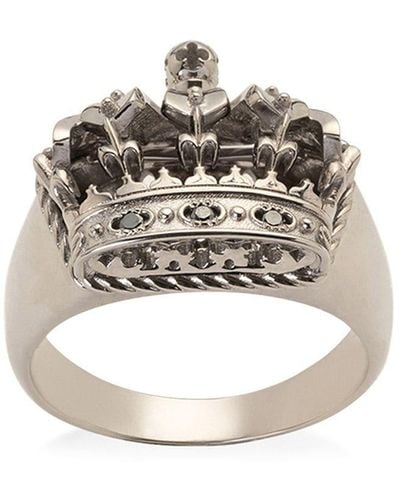 Dolce & Gabbana Anello Crown con corona in oro bianco e diamanti neri