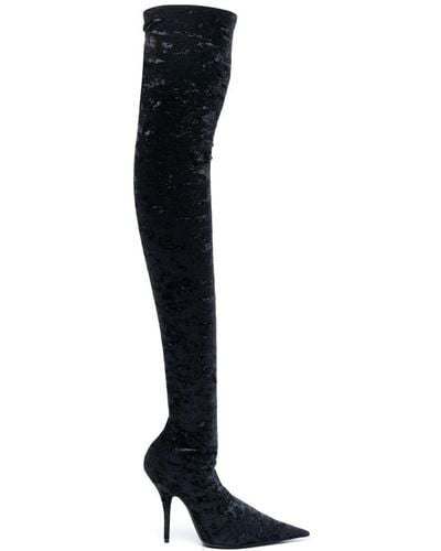 Balenciaga Knife Thigh-high Crushed Velvet Boots - Black