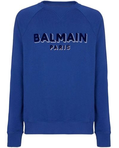 Balmain Logo-flocked Cotton Sweatshirt - Blue