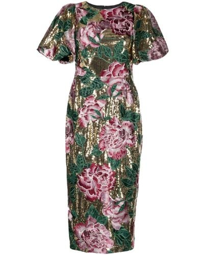 Marchesa Sequin-embellished Puff-sleeved Dresss - Metallic