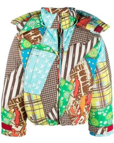 ERL Patchwork-pattern Padded Hooded Jacket - Green