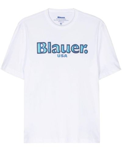 Blauer T-Shirt mit Logo-Print - Weiß