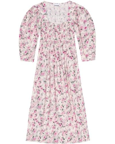 Ganni Midi-jurk Met Pofmouwen En Bloemenprint - Roze