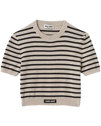 Miu Miu Striped Short-sleeve Sweater - Gray