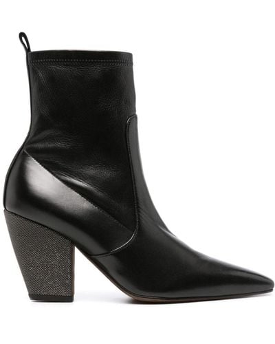 Brunello Cucinelli Leather Ankle Boots With Precious Heels - Black