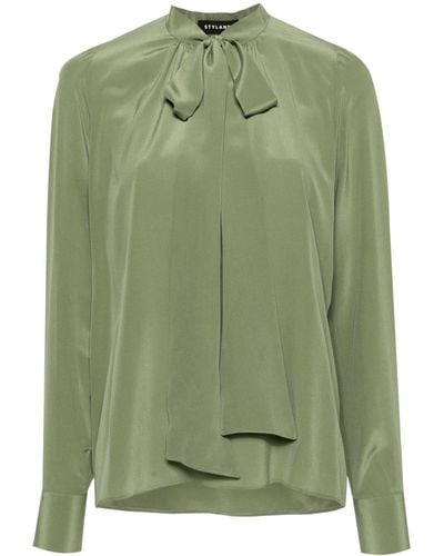 Styland Neck-tie Silk Blouse - Green