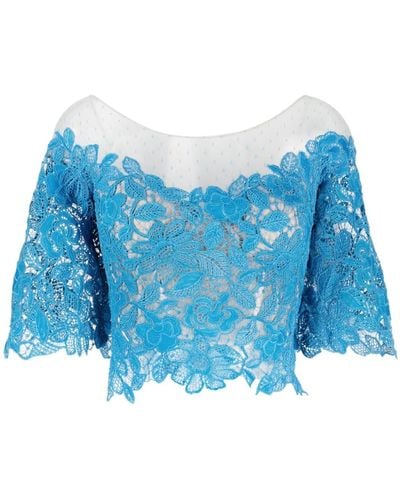 Gemy Maalouf Cropped Corded Lace Top - Blue