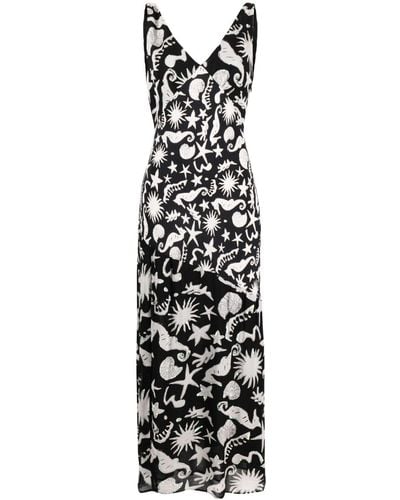 RIXO London Moniq Abstract Ocean Black Strappy Dress - White