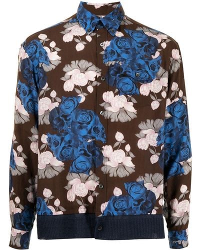 Undercover Floral-print Contrast-panel Shirt - Blue