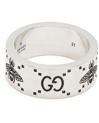 Gucci Breiter GG Ring mit Bienen Gravur - Weiß