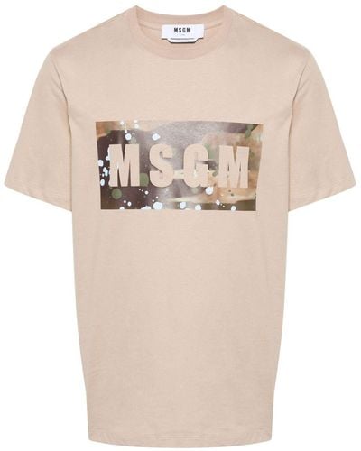MSGM Logo-stamp Cotton T-shirt - Natural
