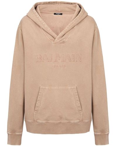 Balmain Logo-embroidered V-neck cotton hoodie - Natur