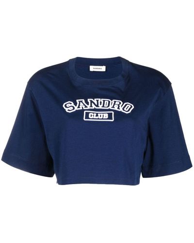 Sandro Logo-embroidered Cropped T-shirt - Blue