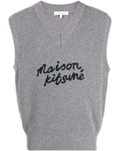 Maison Kitsuné Logo-embroidered Wool Vest - Grey