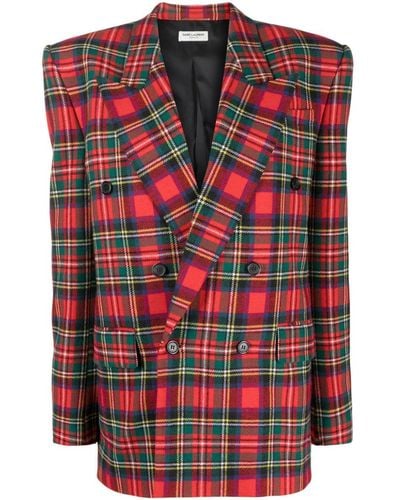 Saint Laurent Tartan-check Double-breasted Blazer - Red