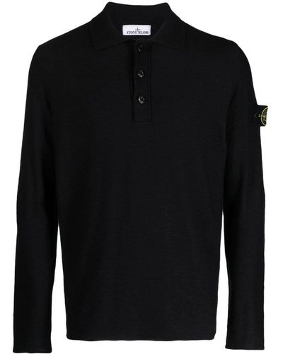 Stone Island Compass-motif Mélange Polo Shirt - Black