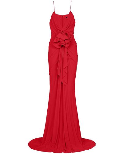 Balmain Floral-appliqué Pleated Gown - Red