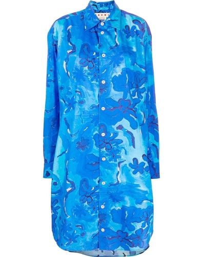Marni Floral Pattern Shirt Dress - Blue