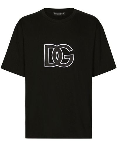 Dolce & Gabbana Camiseta de cuello redondo en algodón con parche DG - Negro
