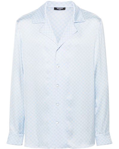 Balmain Monogram-pattern Satin Shirt - Blue