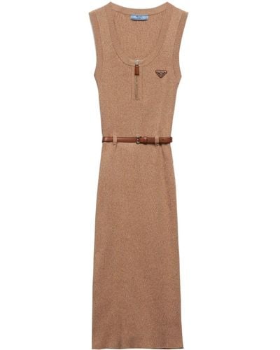 Prada Ribbed-knit Cotton Midi Dress - Natural