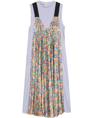 Plan C Mix-print Pleated Maxi Dress - Blue