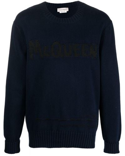 Alexander McQueen Pull à logo intarsia - Bleu