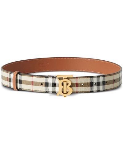 Burberry Check And Leather Tb Belt - Brown