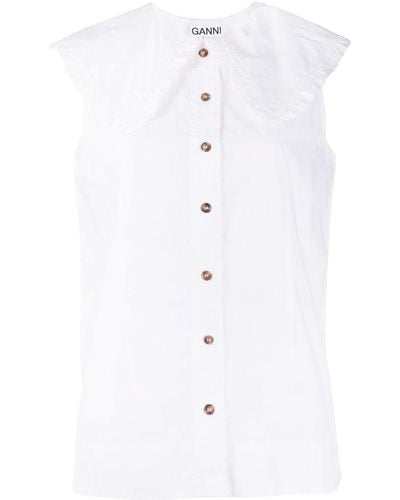 Ganni Katoenen Mouwloos Shirt Met Oversized Kraag - Wit