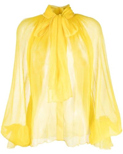 Atu Body Couture Pussy-bow Silk Sheer Blouse - Yellow