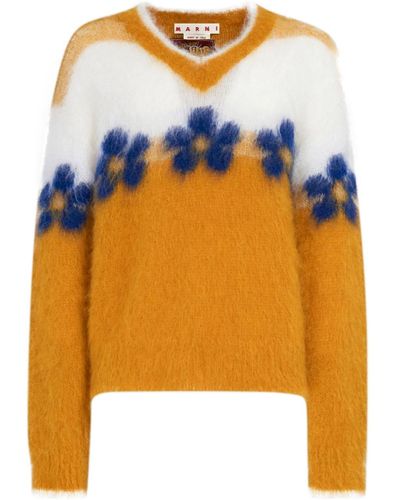 Marni Floral-motif Brushed-effect Sweater - Orange
