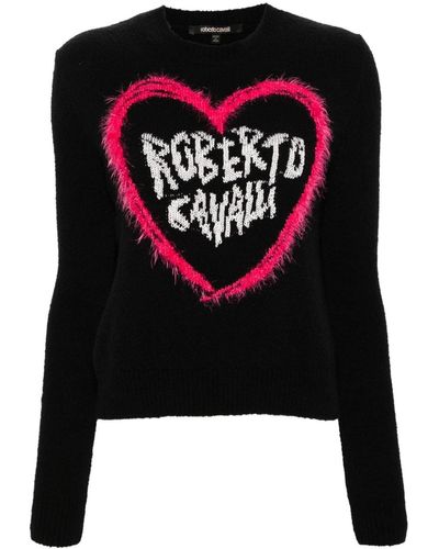 Roberto Cavalli Trui Met Intarsia Logo - Zwart