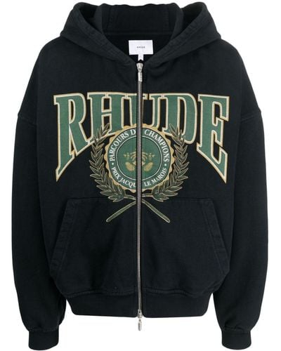 Rhude Logo-print Cotton Zip-up Hoodie - Black