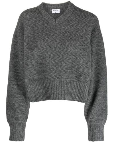 Filippa K Chevron-knit V-neck Wool Sweater - Gray