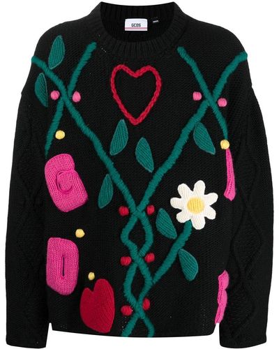 Gcds Oversized Knitted-appliqué Sweater - Black