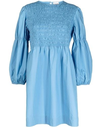 Ganni Smock Puff-sleeve Dress - Blue