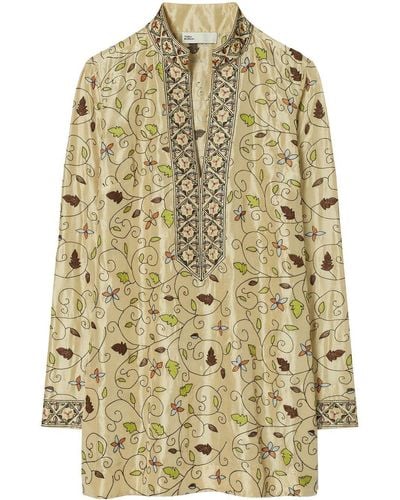 Tory Burch Leaf-print Silk Tunic - Metallic