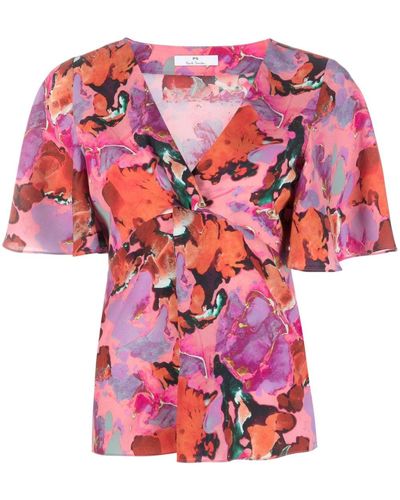 PS by Paul Smith Gathered-detail Abstract-print Blouse - Pink