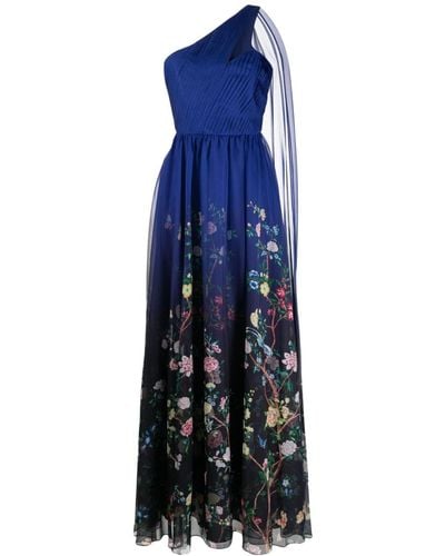 Marchesa Floral-print One-shoulder Gown - Blue