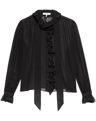 FRAME Ruffled Semi-sheer Silk Top - Black