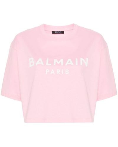 Balmain Cropped T-shirt Met Logoprint - Roze