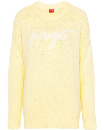 HUGO Intarsia-knit Logo Drop-shoulder Sweater - Yellow