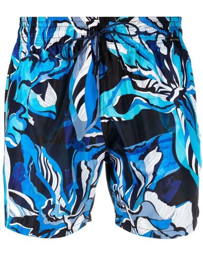 Etro Navy Swim Shorts With Floral Foliage - Blue